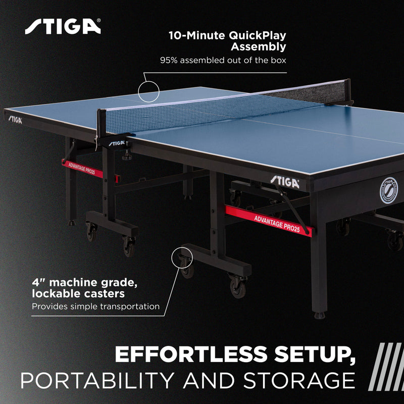 EFFORTLESS SETUP, PORTABILITY AND STORAGE: Arriving 95% pre-assembled out of the box, our QuickPlay design means you're ready to play in 10 minutes or under. Enjoy the convenience of 4” machine-grade, premium lockable casters that allow for easy rolling and transporting of the separate table halves. This feature ensures quick and hassle-free storage, setting the stage for a seamless setup whenever you're ready to play.