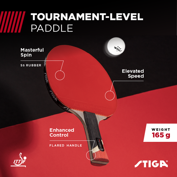 BUILT FOR COMPETITION – STIGA's Nano Composite and ACS Technologies form stronger and tighter bonds in the ITTF approved smooth inverted S5 rubber for high speed and spin with maximum elasticity and outstanding control—the perfect racket for tournament play._2